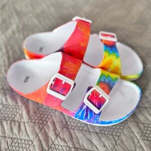 SO Passionfruit Women’s Slide Sandals. Rainbow Tie-Dye. Size 8.